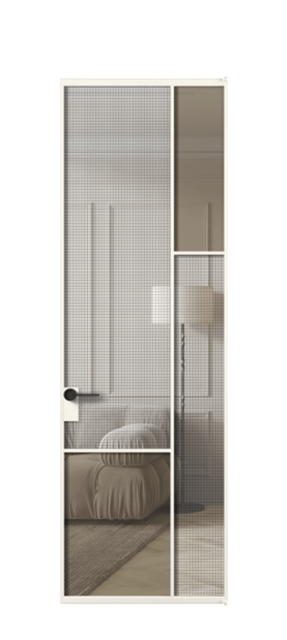 Межкомнатная дверь Mosaic АЛПЛ041.12 Алюминий пудровый белый Декоративное стекло с сеткой "Mesh silver", триплекс, 6 мм + Прозрачное бронзовое стекло, триплекс, 6 мм Цена 145830 ₽ | Volhovec