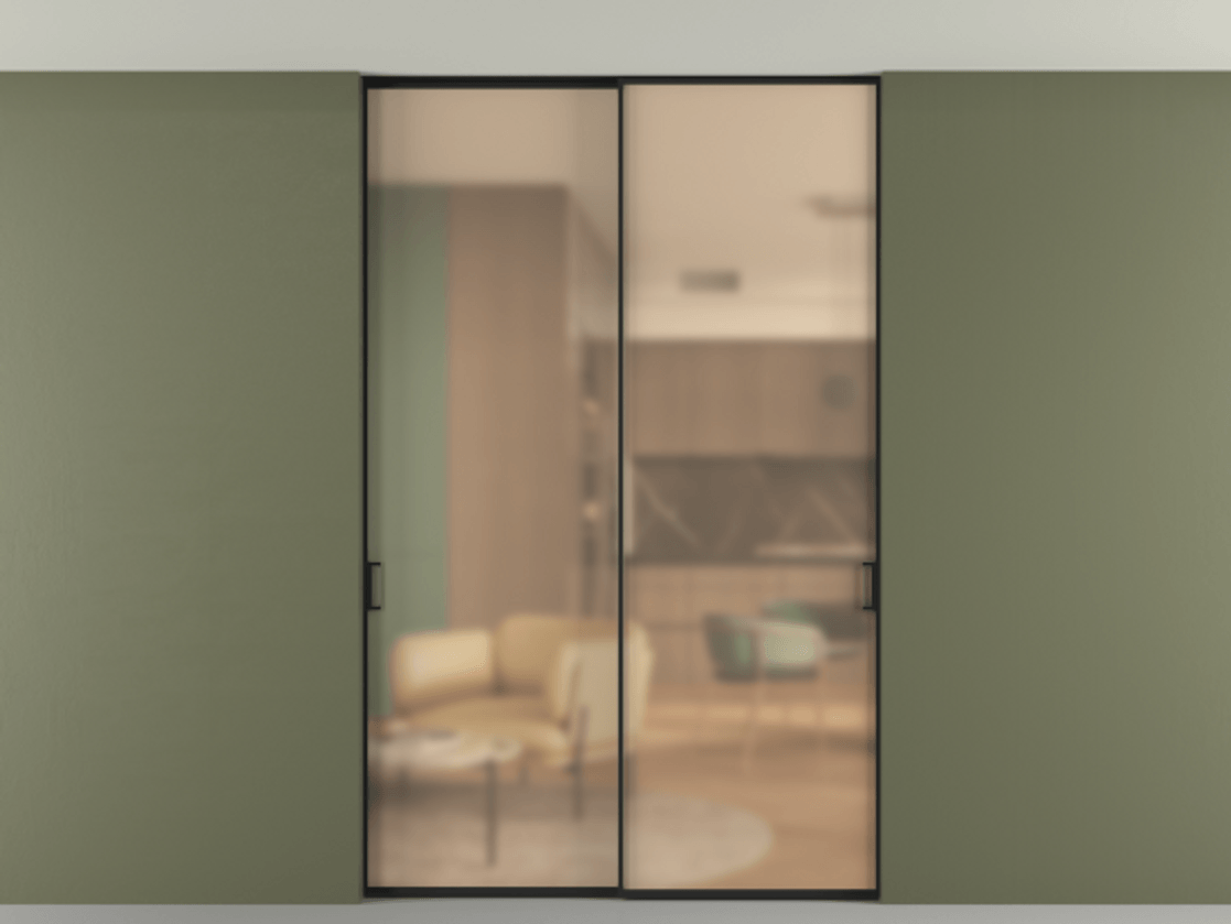 Перегородка Формато внутри проёма скрытое крепление в потолок 2 створки АЛПР 040.01 Алюминий Черный Сатинированное оранжевое стекло, триплекс Цена 233695 ₽ | Volhovec