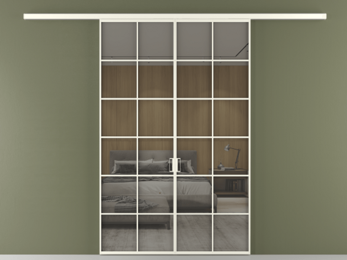 Перегородка Formato вдоль стены 2 створки АЛПР 040.05 Алюминий жемчужный Рефлективное серое стекло "Stopsol", калёное Цена 264600 ₽ | Volhovec