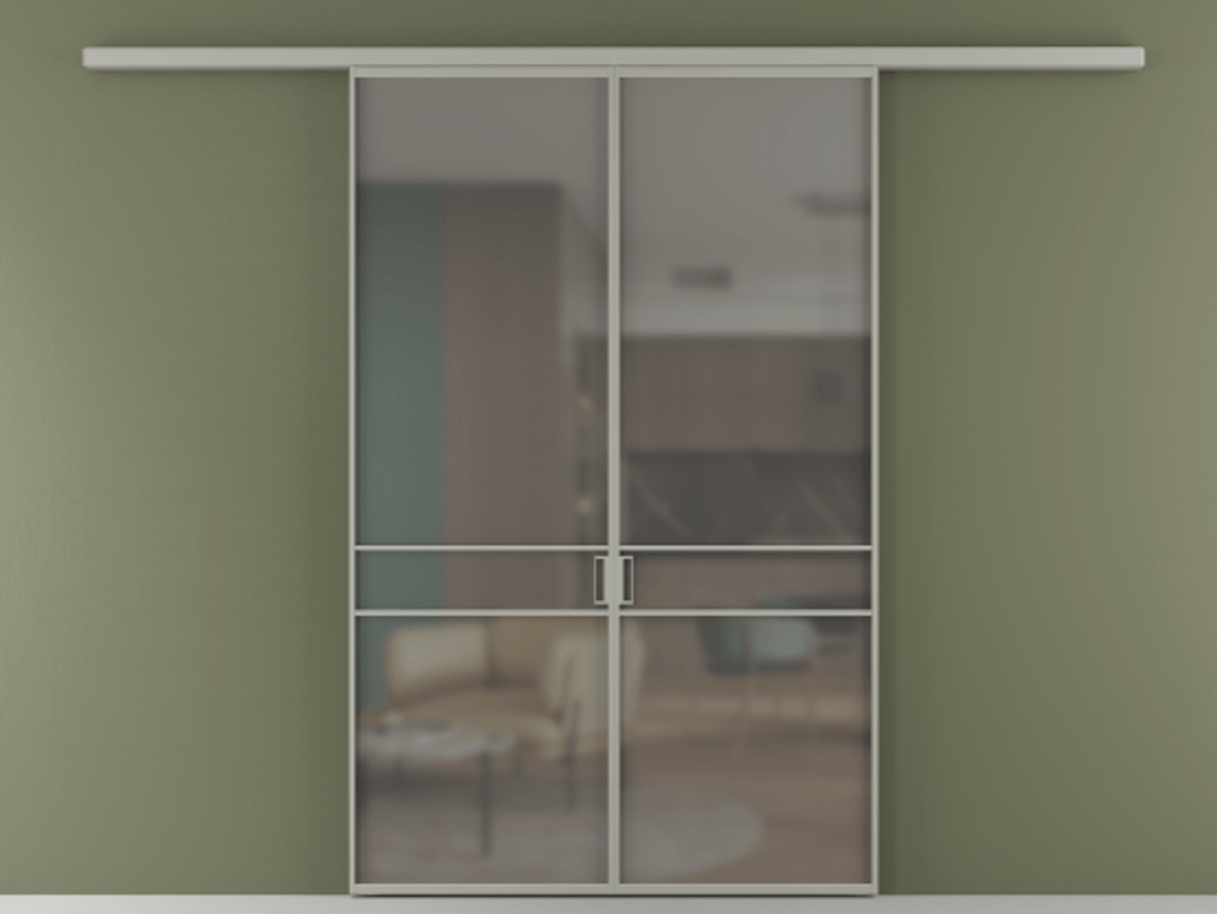 Перегородка Formato вдоль стены 2 створки АЛПР 040.02 Алюминий нейтральный серый Сатинированное серое стекло, триплекс Цена 202960 ₽ | Volhovec