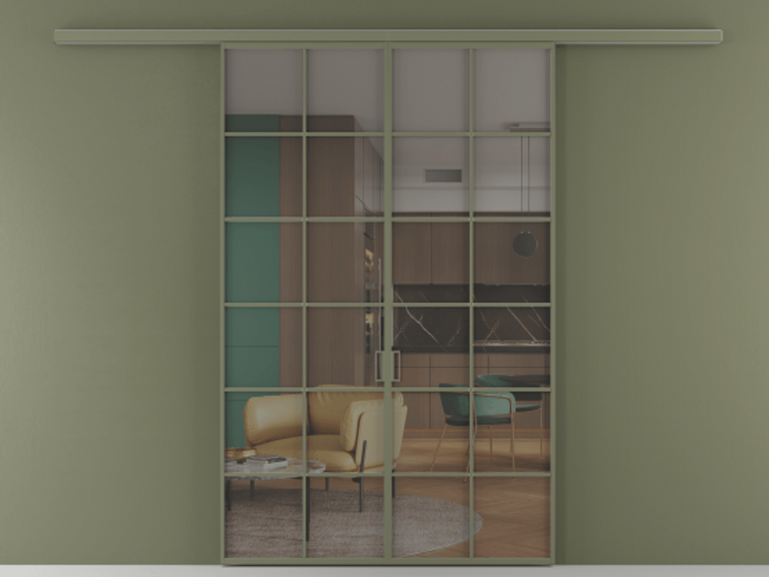 Перегородка Formato вдоль стены 2 створки АЛПР 040.05 Алюминий оливковый тёмный Прозрачное серое стекло, триплекс Цена 215440 ₽ | Volhovec