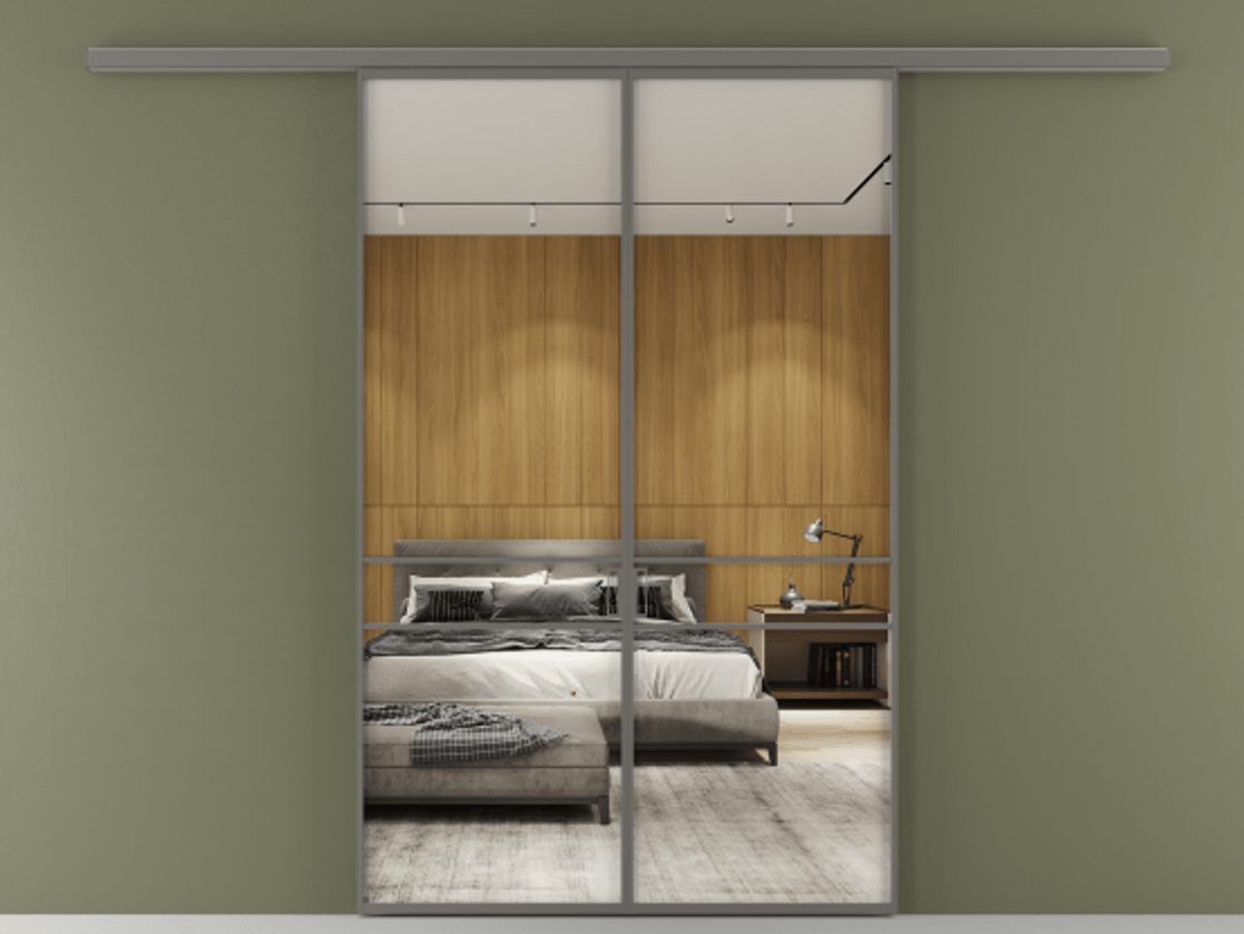 Перегородка Formato вдоль стены 2 створки АЛПР 040.02 Алюминий классический серый Двустороннее зеркало, триплекс , триплекс 6 мм Цена 202960 ₽ | Volhovec