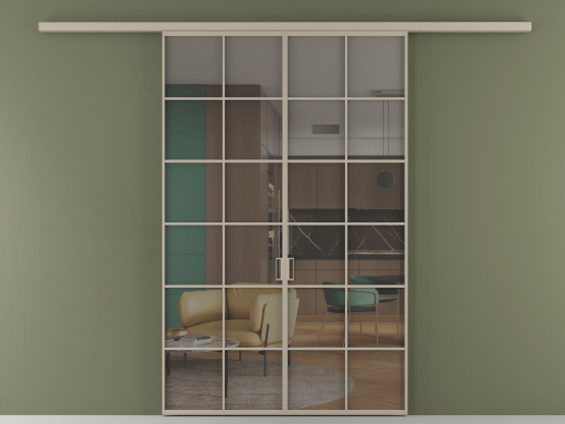 Перегородка Formato вдоль стены 2 створки АЛПР 040.05 Алюминий бисквитный Прозрачное серое стекло, триплекс Цена 215440 ₽ | Volhovec