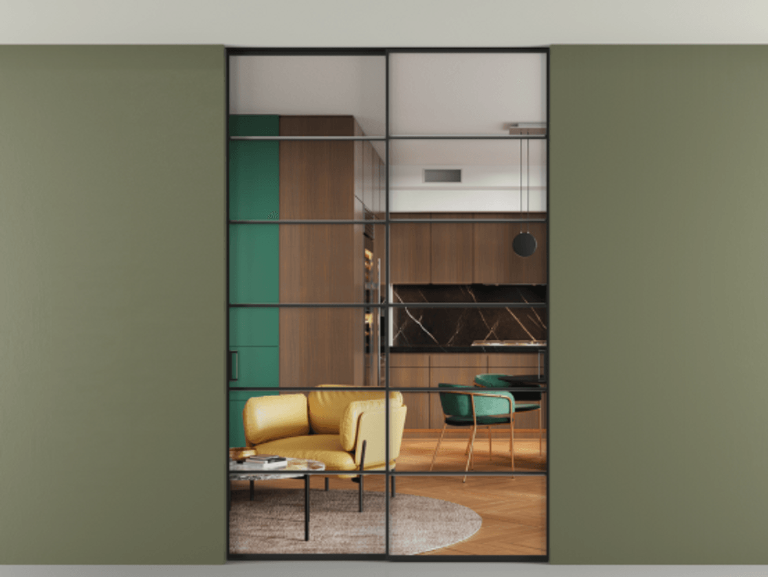 Перегородка Формато внутри проёма скрытое крепление в потолок 2 створки АЛПР 040.04 Алюминий Черный Прозрачное стекло "Кристал Вижн", калёное Цена 16361 AZE | Volhovec