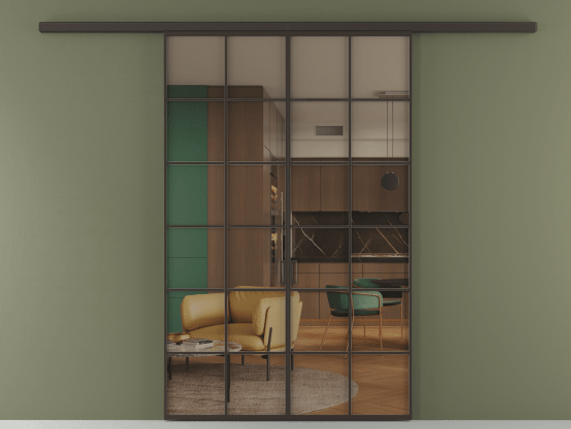 Перегородка Formato вдоль стены 2 створки АЛПР 040.05 Алюминий антрацит Прозрачное бронзовое стекло, триплекс Цена 215440 ₽ | Volhovec