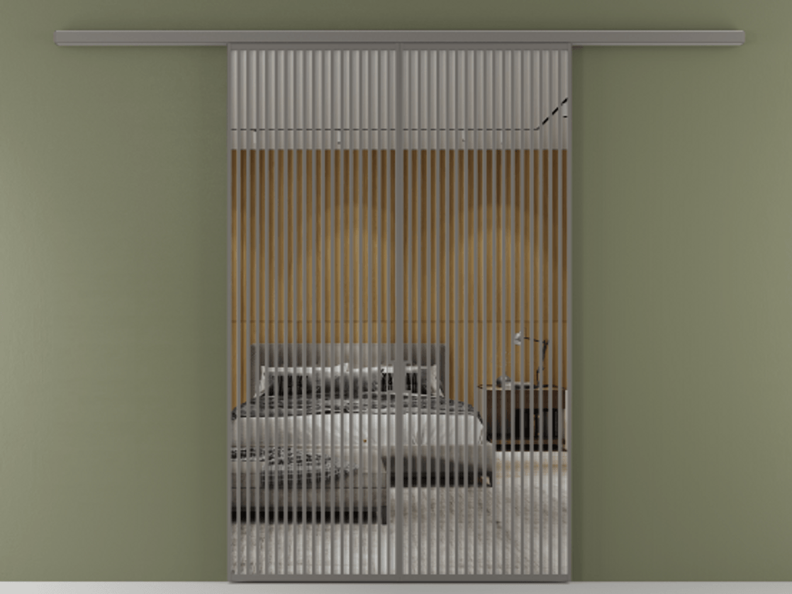 Перегородка Formato вдоль стены 2 створки АЛПР 040.06 Алюминий классический серый Двустороннее зеркало, триплекс , триплекс 6 мм Цена 359760 ₽ | Volhovec