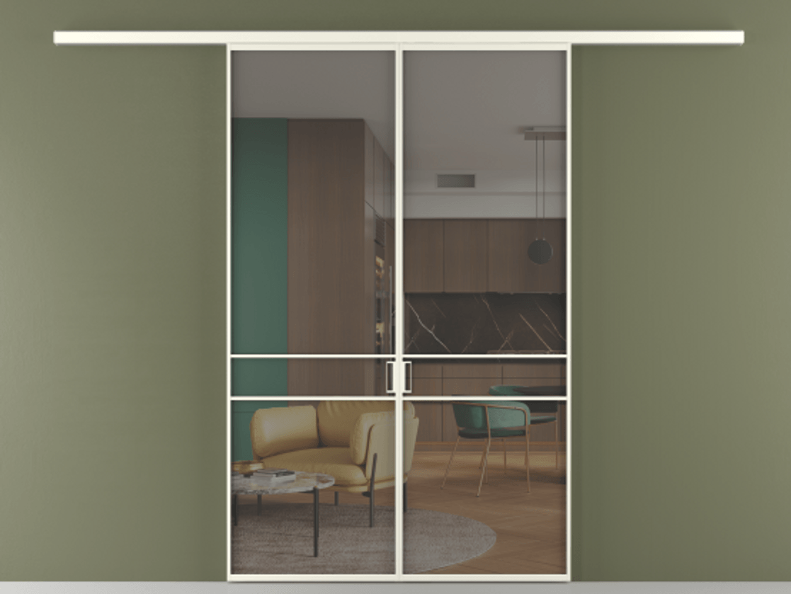 Перегородка Formato вдоль стены 2 створки АЛПР 040.02 Алюминий жемчужный Прозрачное серое стекло, триплекс Цена 202960 ₽ | Volhovec