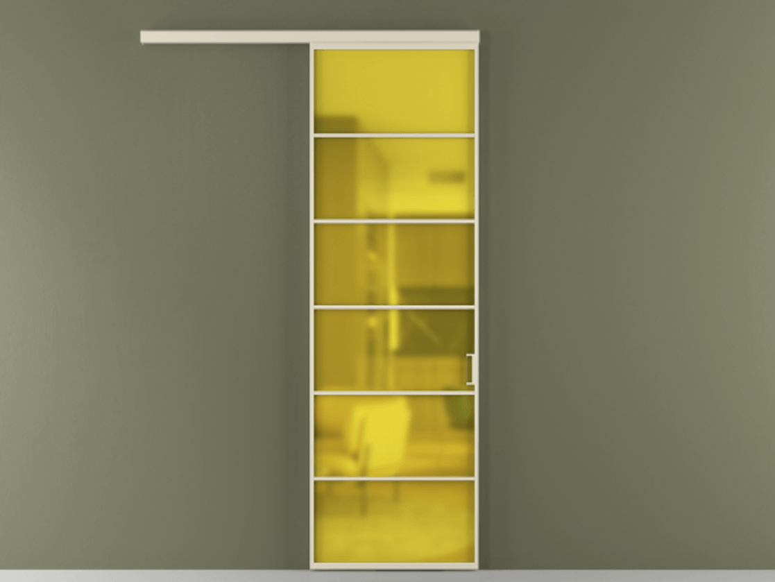 Межкомнатная дверь New Перегородка Formato вдоль стены одностворчатая АЛПР 040.04 Алюминий бежево-серый Сатинированное жёлтое стекло, триплекс Цена 109620  | Volhovec