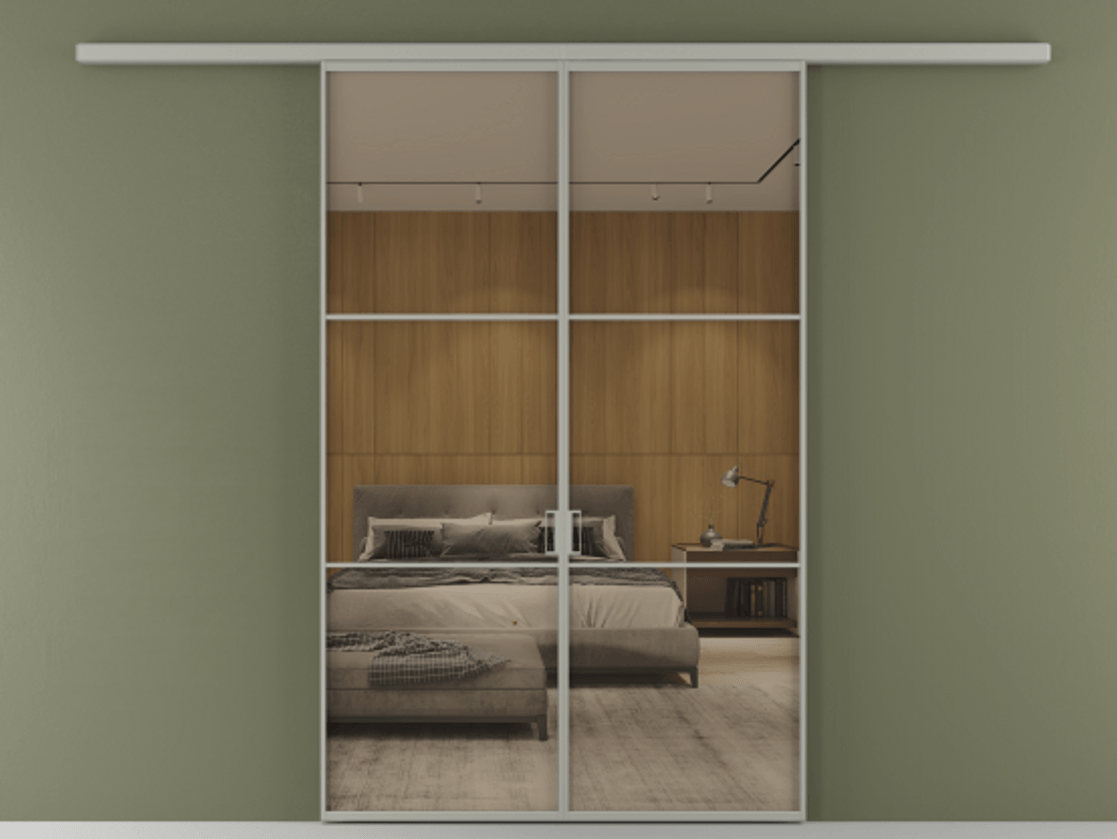 Перегородка Formato вдоль стены 2 створки АЛПР 040.03 Алюминий нейтральный серый Рефлективное бронзовое стекло "Stopsol", калёное Цена 249000 ₽ | Volhovec