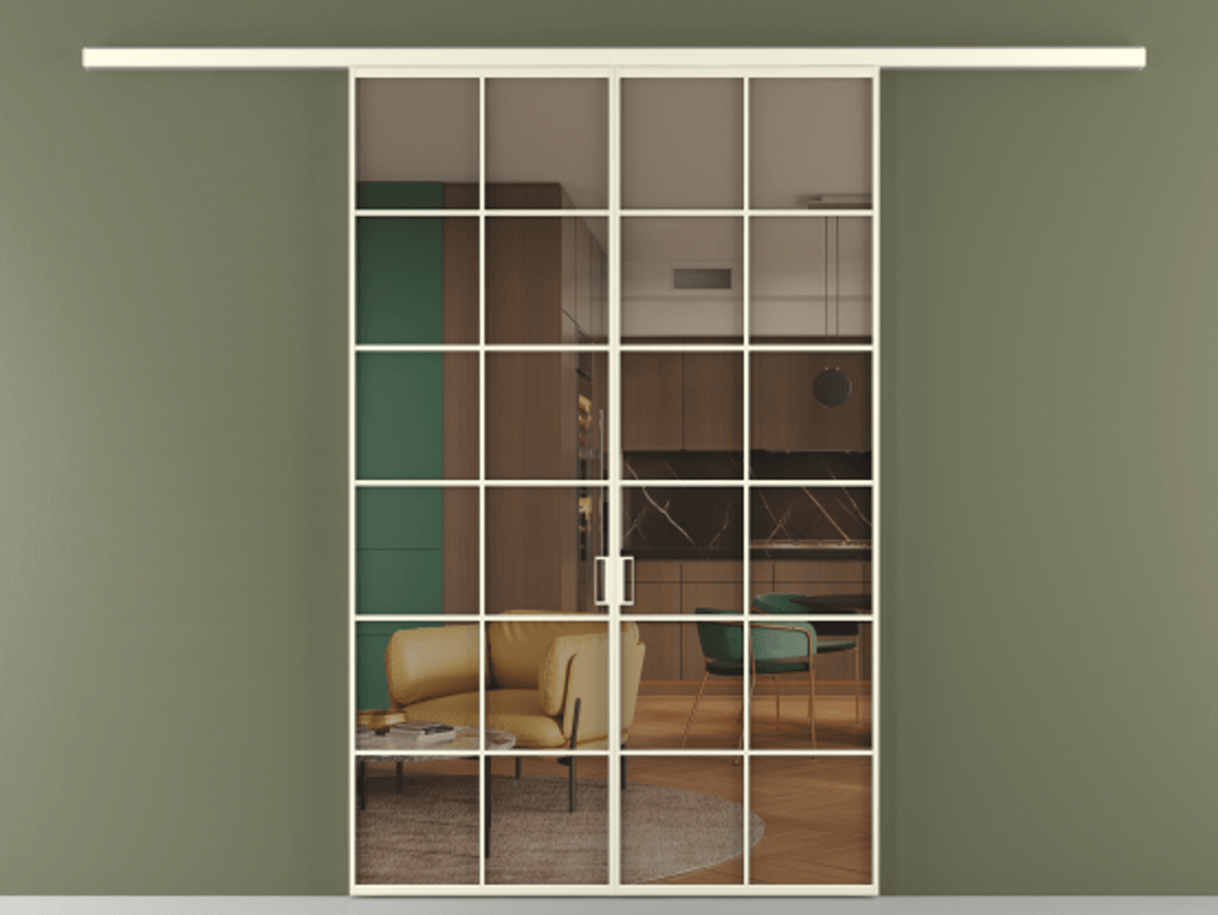 Перегородка Formato вдоль стены 2 створки АЛПР 040.05 Алюминий молочно-белый Прозрачное бронзовое стекло, триплекс Цена 215440 ₽ | Volhovec