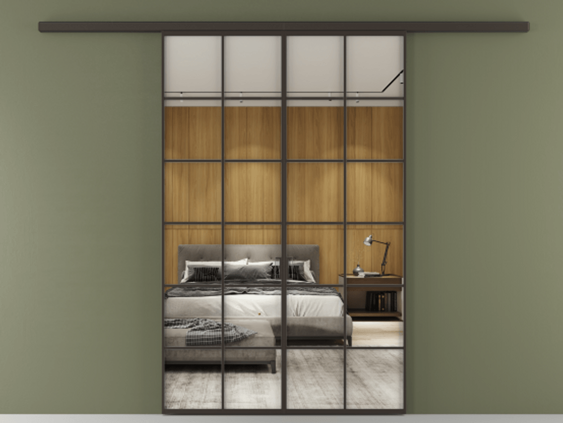 Перегородка Formato вдоль стены 2 створки АЛПР 040.05 Алюминий антрацит Двустороннее зеркало, триплекс , триплекс 6 мм Цена 215440 ₽ | Volhovec