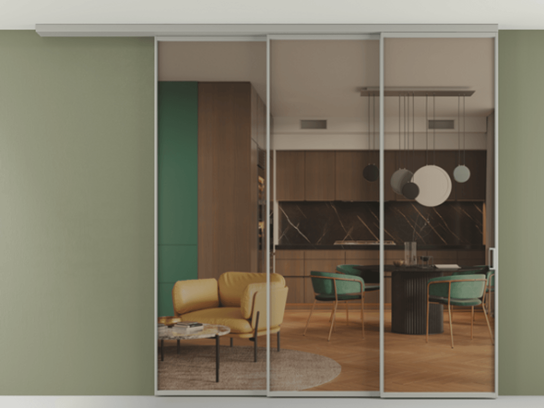 Перегородка Формато вдоль стены на потолок 3 створки с синхронным механизмом АЛПР 040.01 Алюминий нейтральный серый Прозрачное бронзовое стекло, триплекс Цена 19320 AZE | Volhovec