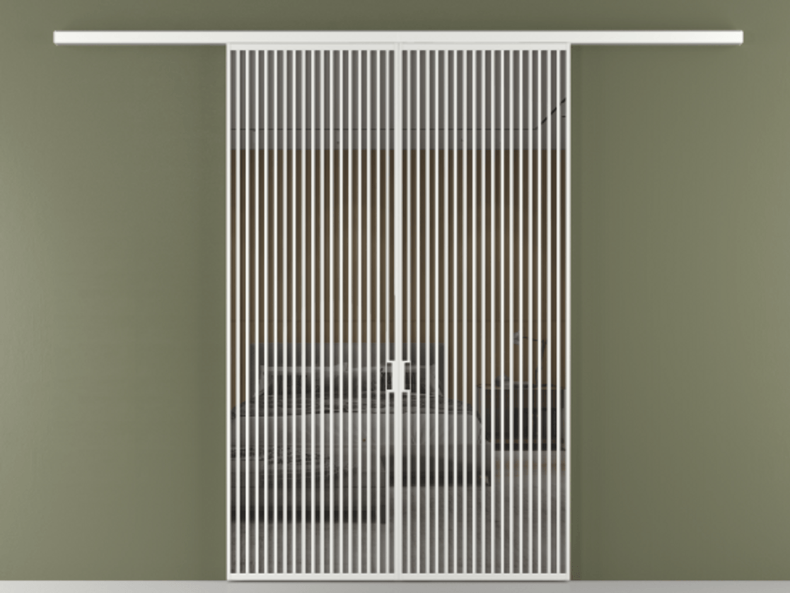 Перегородка Formato вдоль стены 2 створки АЛПР 040.06 Алюминий белоснежный Рефлективное серое стекло "Stopsol", калёное Цена 445000 ₽ | Volhovec