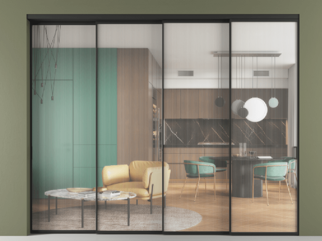 Перегородка Формато внутри проёма 4 створки с синхронным механизмом АЛПР 040.01 Алюминий Черный Рифлёное стекло "Мору", триплекс Цена 451060 ₽ | Volhovec