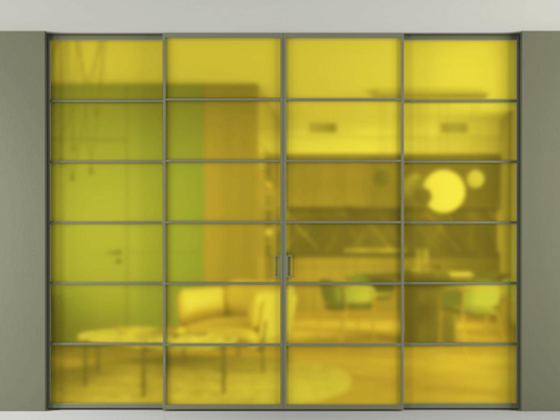 Перегородка Формато внутри проёма скрытое крепление в потолок 4 створки АЛПР 040.04 Алюминий оливковый тёмный Сатинированное жёлтое стекло, триплекс Цена 466270 ₽ | Volhovec