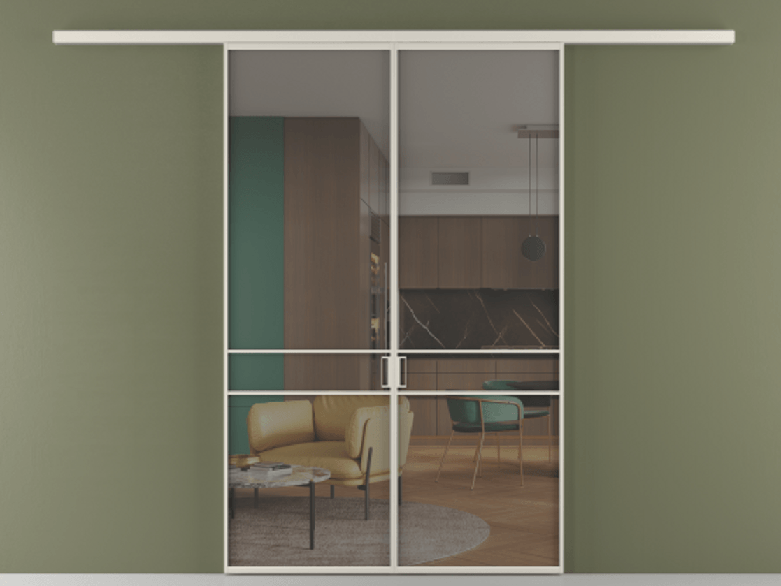 Перегородка Formato вдоль стены 2 створки АЛПР 040.02 Алюминий облачно-серый Прозрачное серое стекло, триплекс Цена 202960 ₽ | Volhovec