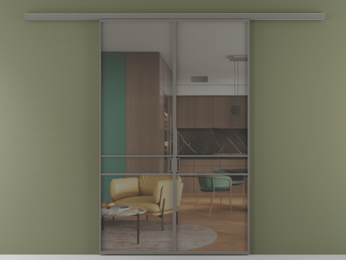 Перегородка Formato вдоль стены 2 створки АЛПР 040.02 Алюминий классический серый Прозрачное серое стекло, триплекс Цена 202960 ₽ | Volhovec