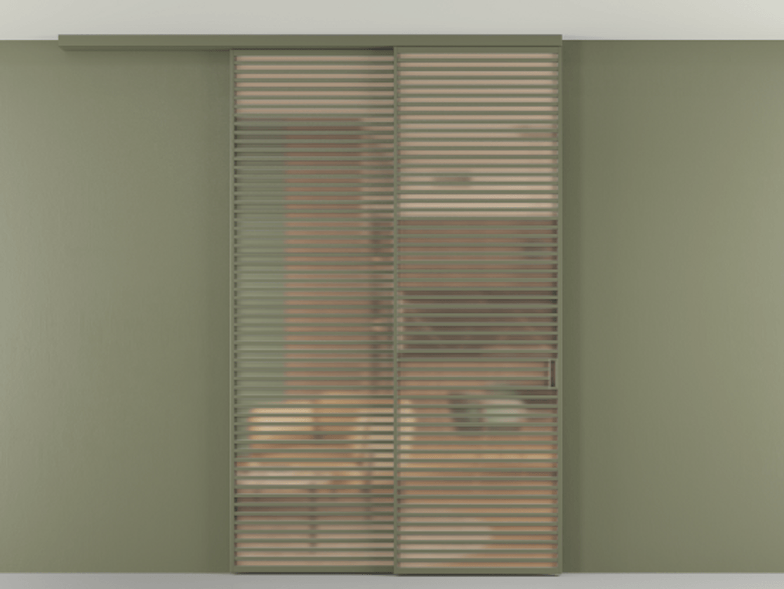 Перегородка Формато вдоль стены на потолок 2 створки с синхронным механизмом АЛПР 040.07 Алюминий оливковый тёмный Сатинированное оранжевое стекло, триплекс Цена 450456 ₽ | Volhovec