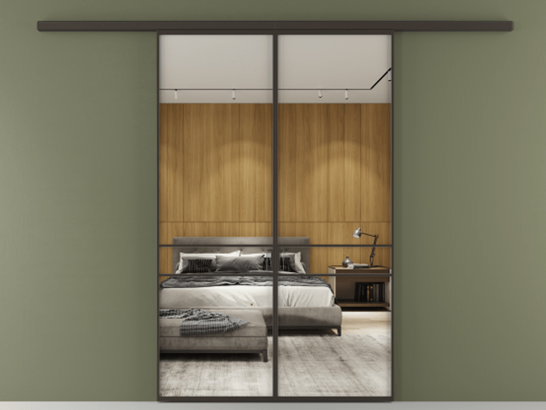 Перегородка Formato вдоль стены 2 створки АЛПР 040.02 Алюминий антрацит Двустороннее зеркало, триплекс , триплекс 6 мм Цена 202960 ₽ | Volhovec