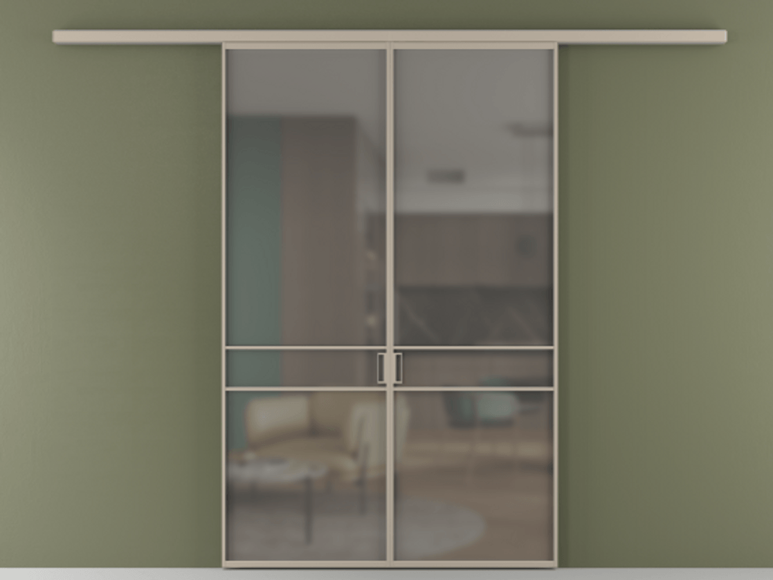 Перегородка Formato вдоль стены 2 створки АЛПР 040.02 Алюминий бисквитный Сатинированное серое стекло, триплекс Цена 202960 ₽ | Volhovec