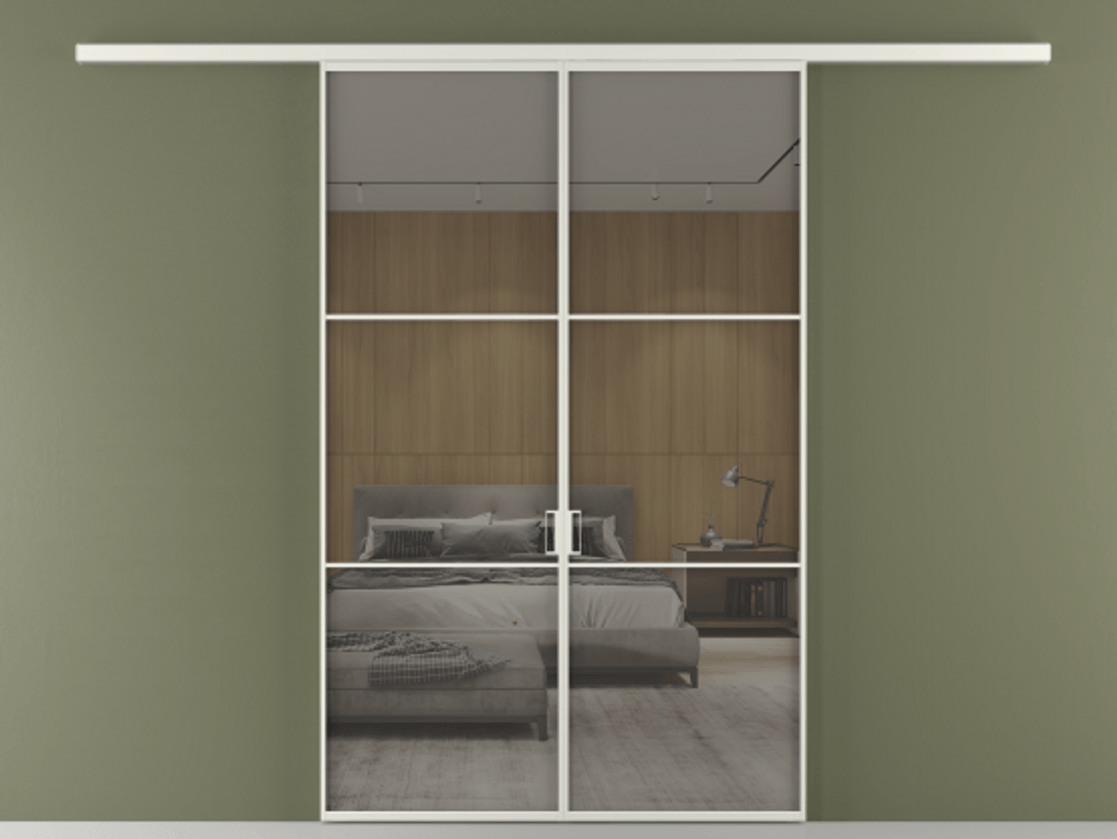 Перегородка Formato вдоль стены 2 створки АЛПР 040.03 Алюминий серый Рефлективное серое стекло "Stopsol", калёное Цена 249000 ₽ | Volhovec