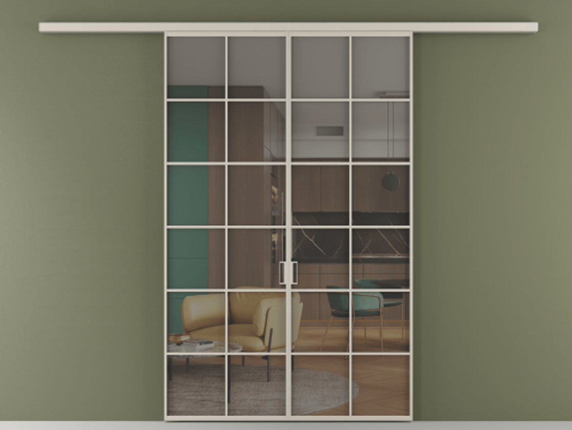 Перегородка Formato вдоль стены 2 створки АЛПР 040.05 Алюминий светло-бежевый Прозрачное серое стекло, триплекс Цена 215440 ₽ | Volhovec