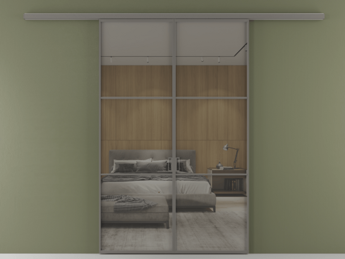 Перегородка Formato вдоль стены 2 створки АЛПР 040.03 Алюминий классический серый Рефлективное серое стекло "Stopsol", калёное Цена 249000 ₽ | Volhovec