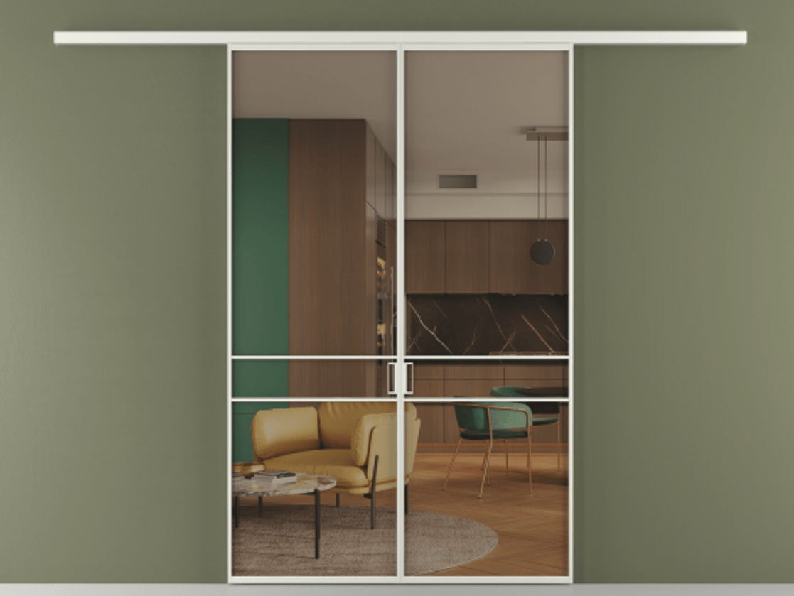 Перегородка Formato вдоль стены 2 створки АЛПР 040.02 Алюминий серый Прозрачное бронзовое стекло, триплекс Цена 202960 ₽ | Volhovec