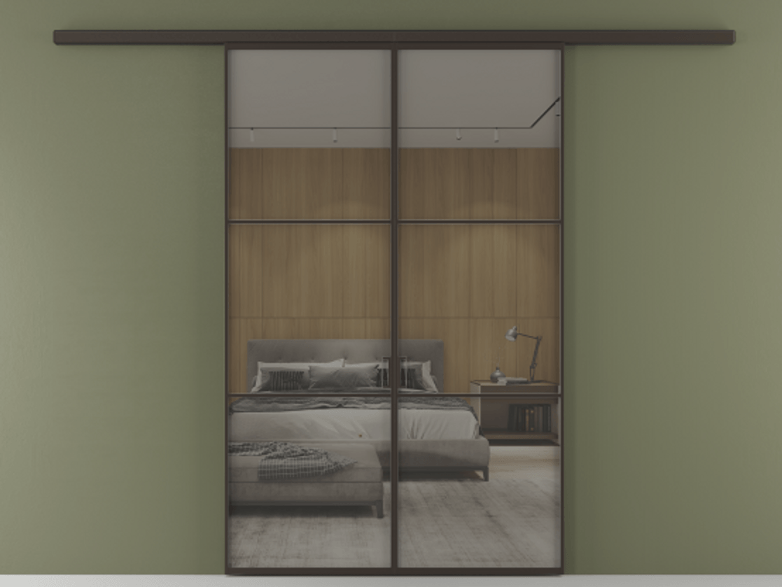 Перегородка Formato вдоль стены 2 створки АЛПР 040.03 Алюминий антрацит Рефлективное серое стекло "Stopsol", калёное Цена 249000 ₽ | Volhovec