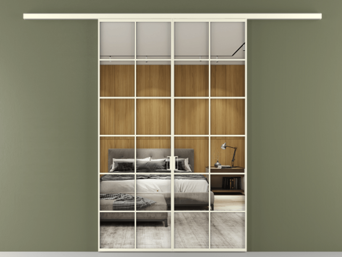 Перегородка Formato вдоль стены 2 створки АЛПР 040.05 Алюминий молочно-белый Двустороннее зеркало, триплекс , триплекс 6 мм Цена 215440 ₽ | Volhovec