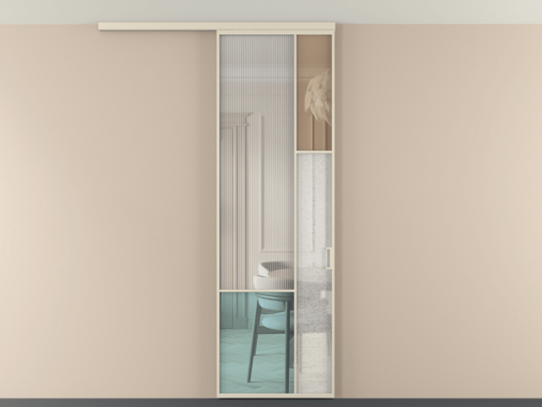 Перегородка Mosaic вдоль стены на потолок 1 створка АЛПР 041.12 Алюминий бежево-серый Комбинация стекол Группы 1 и Группы 3 Цена 141040 ₽ | Volhovec