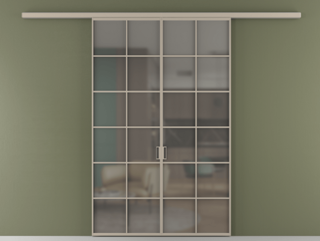 Перегородка Formato вдоль стены 2 створки АЛПР 040.05 Алюминий бисквитный Сатинированное серое стекло, триплекс Цена 215440 ₽ | Volhovec