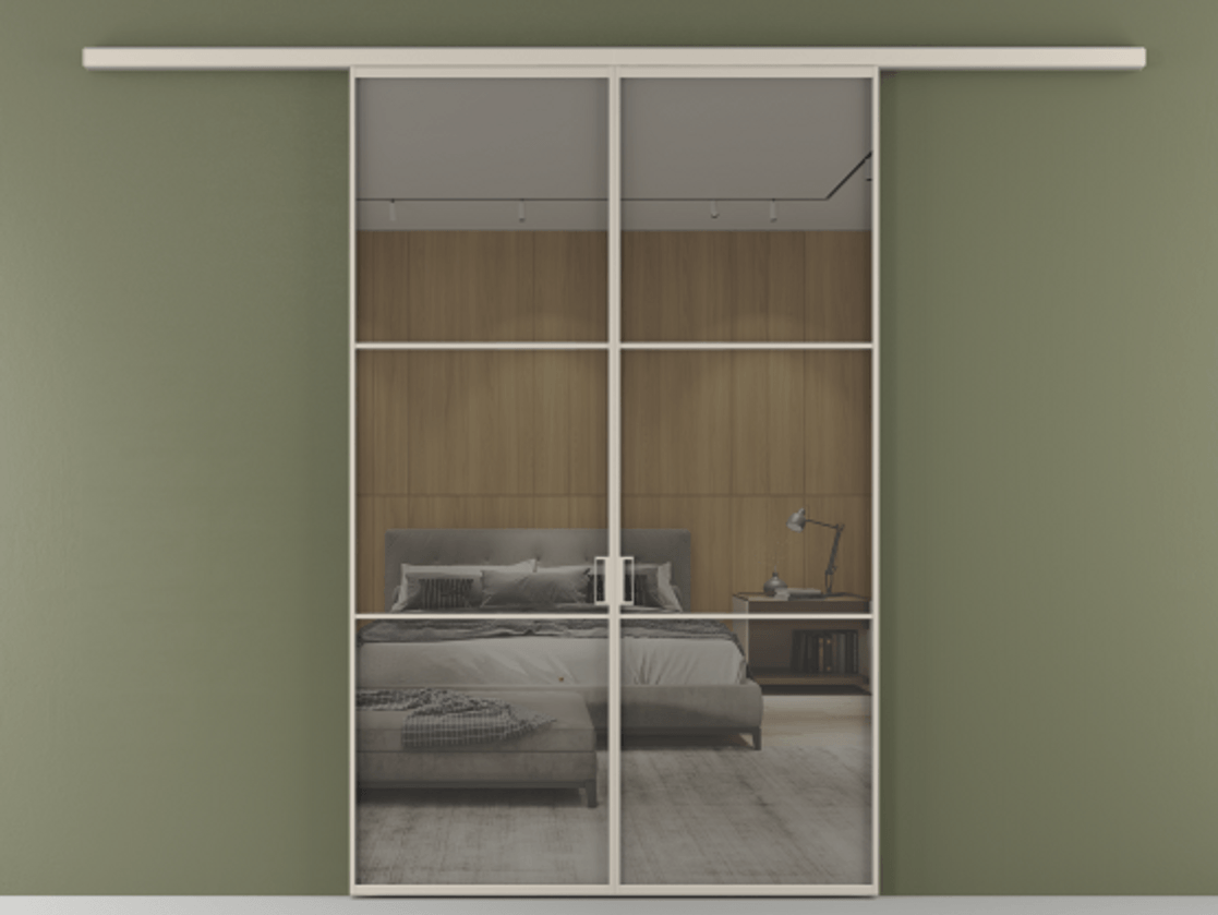 Перегородка Formato вдоль стены 2 створки АЛПР 040.03 Алюминий светло-бежевый Рефлективное серое стекло "Stopsol", калёное Цена 249000 ₽ | Volhovec