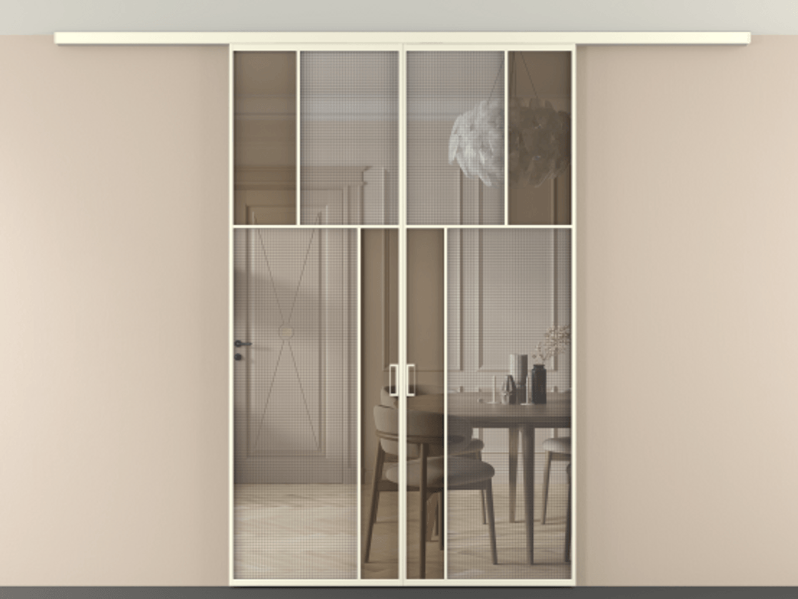 Перегородка Mosaic вдоль стены на потолок двустворчатая АЛПР 041.22 Алюминий молочно-белый Декоративное стекло с сеткой "Mesh silver", триплекс, 6 мм + Прозрачное бронзовое стекло, триплекс, 6 мм.  Цена 259920 ₽ . Фабрика дверей Волховец 8 (800) 551 43 19  Перегородка Mosaic вдоль стены на потолок двустворчатая АЛПР 041.22 Алюминий молочно-белый Декоративное стекло с сеткой "Mesh silver", триплекс, 6 мм + Прозрачное бронзовое стекло, триплекс, 6 мм Цена 259920 ₽ | Volhovec