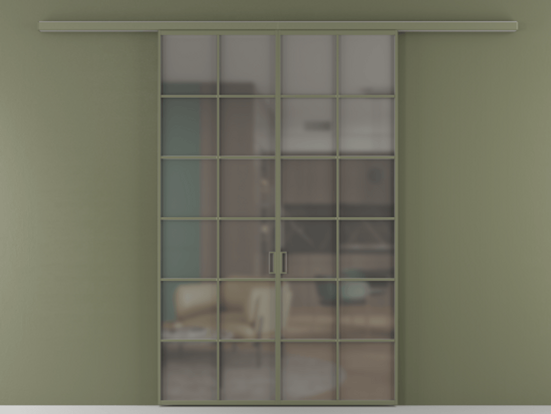 Перегородка Formato вдоль стены 2 створки АЛПР 040.05 Алюминий оливковый тёмный Сатинированное серое стекло, триплекс Цена 215440 ₽ | Volhovec