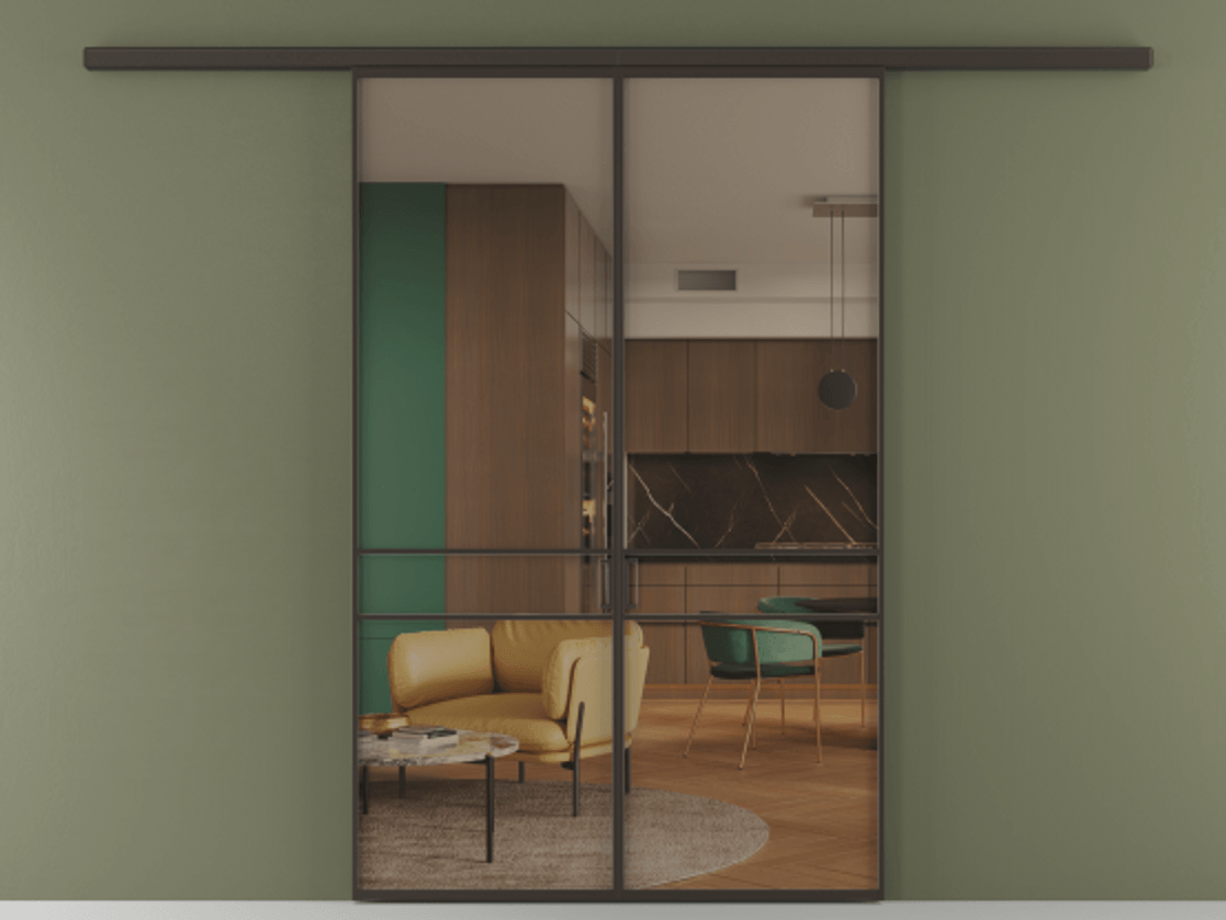 Перегородка Formato вдоль стены 2 створки АЛПР 040.02 Алюминий антрацит Прозрачное бронзовое стекло, триплекс Цена 202960 ₽ | Volhovec