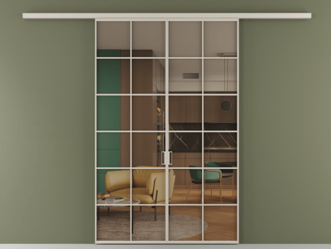 Перегородка Formato вдоль стены 2 створки АЛПР 040.05 Алюминий светло-бежевый Прозрачное бронзовое стекло, триплекс Цена 215440 ₽ | Volhovec