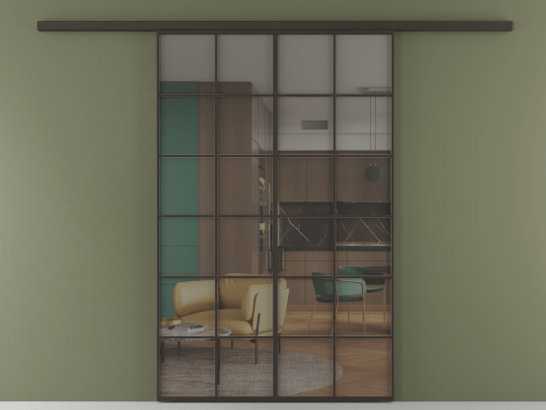 Перегородка Formato вдоль стены 2 створки АЛПР 040.05 Алюминий антрацит Прозрачное серое стекло, триплекс Цена 215440 ₽ | Volhovec