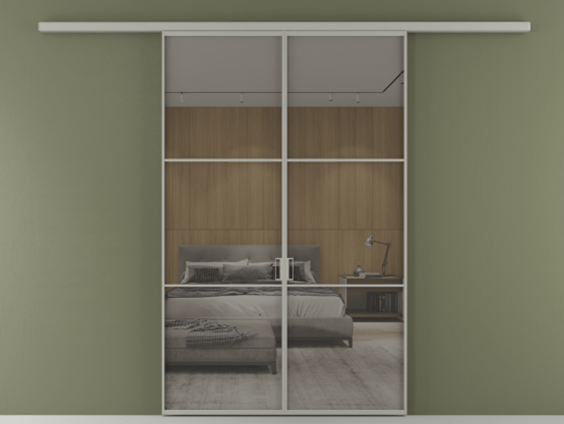 Перегородка Formato вдоль стены 2 створки АЛПР 040.03 Алюминий нейтральный серый Рефлективное серое стекло "Stopsol", калёное Цена 249000 ₽ | Volhovec