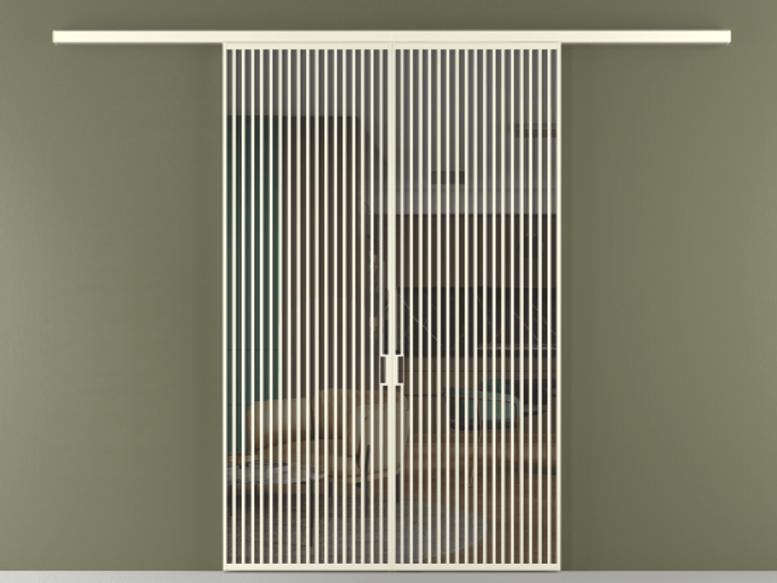 Перегородка Formato вдоль стены 2 створки АЛПР 040.06 Алюминий молочно-белый Прозрачное серое стекло, триплекс Цена 359760 ₽ | Volhovec