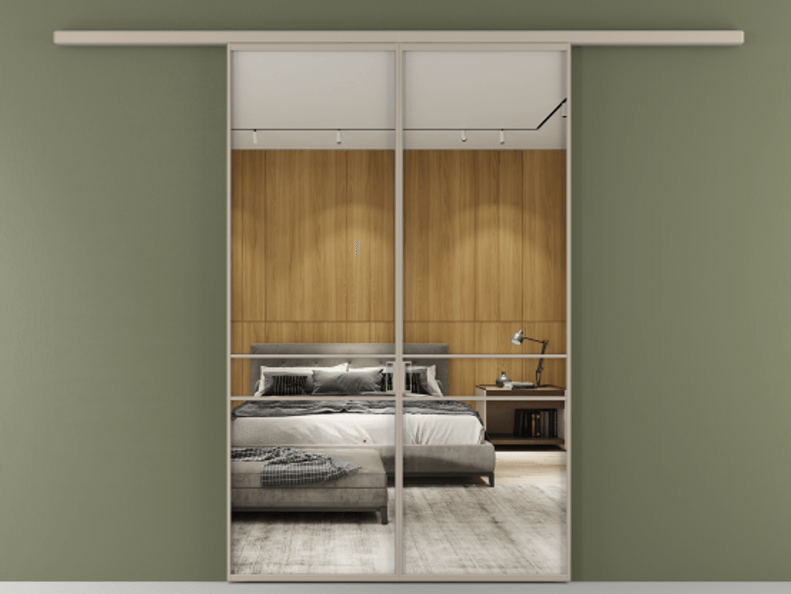 Перегородка Formato вдоль стены 2 створки АЛПР 040.02 Алюминий бисквитный Двустороннее зеркало, триплекс , триплекс 6 мм Цена 202960 ₽ | Volhovec