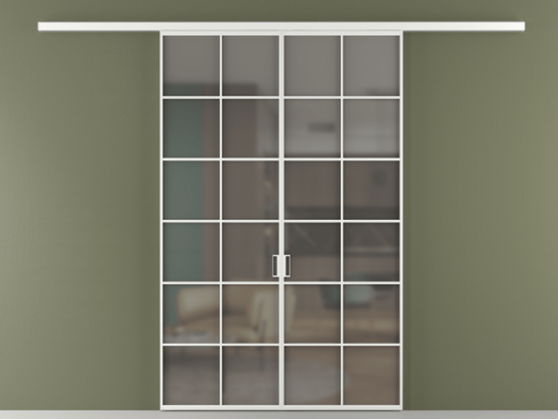 Перегородка Formato вдоль стены 2 створки АЛПР 040.05 Алюминий белоснежный Сатинированное серое стекло, триплекс Цена 215440 ₽ | Volhovec