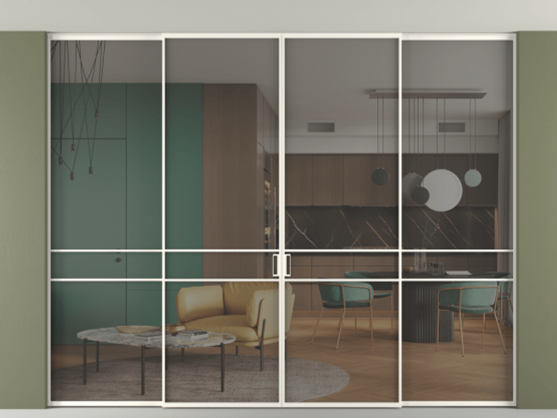 Перегородка Formato внутри проёма скрытое крепление в потолок 4 створки АЛПР 040.02 Алюминий пудровый белый Прозрачное серое стекло, триплекс. Цена 457052 ₽ 1. Полотно 4 шт. (800/2100 мм)
2. Комплект установки раздвижной системы
3. Базовый комплект фурнитуры
4.Ручка RONDO. Фабрика дверей Волховец 8 (800) 551 43 19 Перегородка Formato внутри проёма скрытое крепление в потолок 4 створки АЛПР 040.02 Алюминий пудровый белый Прозрачное серое стекло, триплекс Цена 457052 ₽ | Volhovec