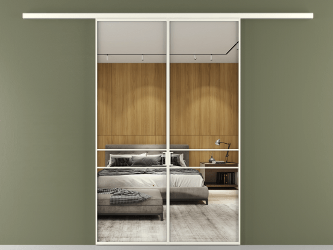 Перегородка Formato вдоль стены 2 створки АЛПР 040.02 Алюминий жемчужный Двустороннее зеркало, триплекс , триплекс 6 мм Цена 202960 ₽ | Volhovec