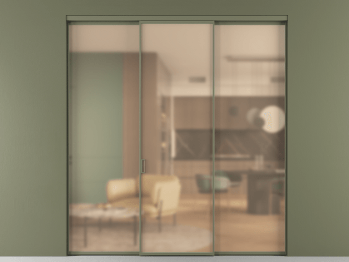 Перегородка Формато внутри проёма 3 створки АЛПР 040.01 Алюминий оливковый тёмный Сатинированное оранжевое стекло, триплекс Цена 225125 ₽ | Volhovec