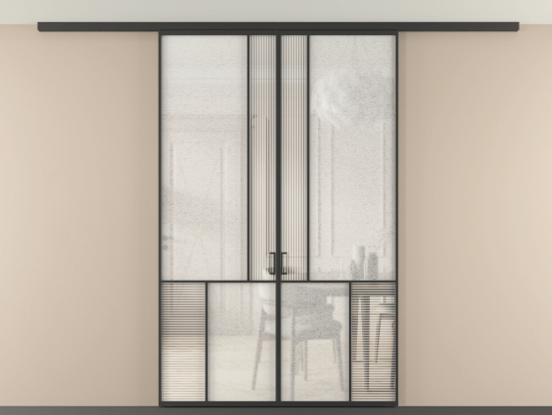 Перегородка Mosaic вдоль стены на потолок двустворчатая АЛПР 041.20 Алюминий Черный Рифлёное стекло "Дюна", триплекс, 6 мм + Фактурное стекло "Лёд", триплекс, 6 мм Цена 253920 ₽ | Volhovec