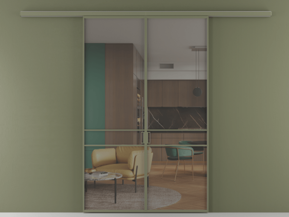 Перегородка Formato вдоль стены 2 створки АЛПР 040.02 Алюминий оливковый тёмный Прозрачное серое стекло, триплекс Цена 202960 ₽ | Volhovec