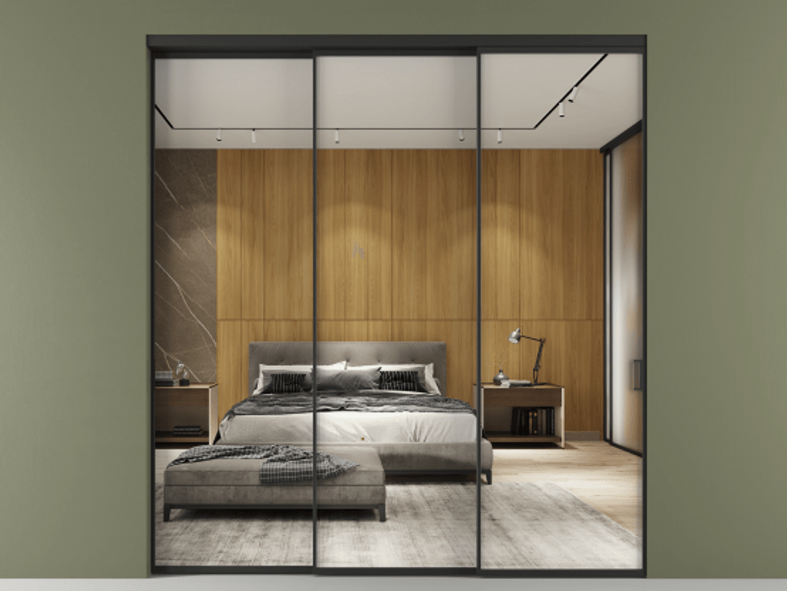 Перегородка Формато внутри проёма 3 створки с синхронным механизмом АЛПР 040.01 Алюминий Черный Двустороннее зеркало, триплекс , триплекс 6 мм Цена 15960 AZE  | Volhovec