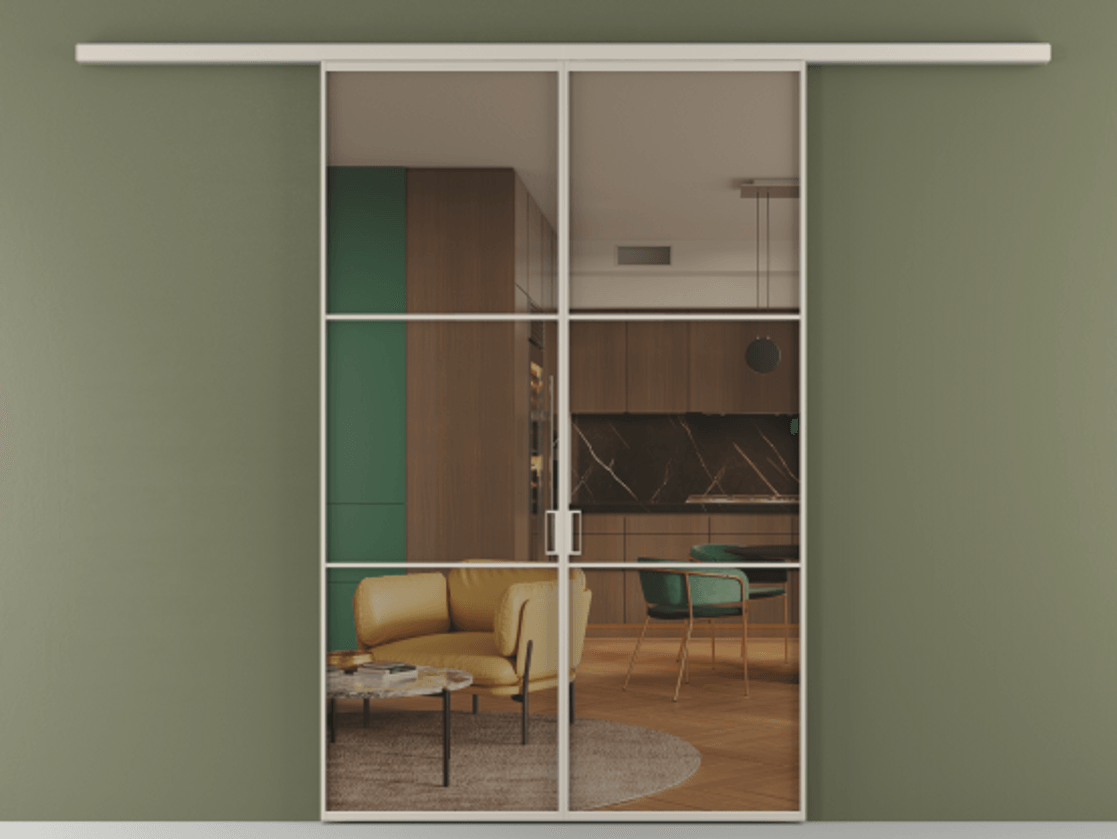 Перегородка Formato вдоль стены 2 створки АЛПР 040.03 Алюминий светло-бежевый Прозрачное бронзовое стекло, триплекс Цена 202960 ₽ | Volhovec