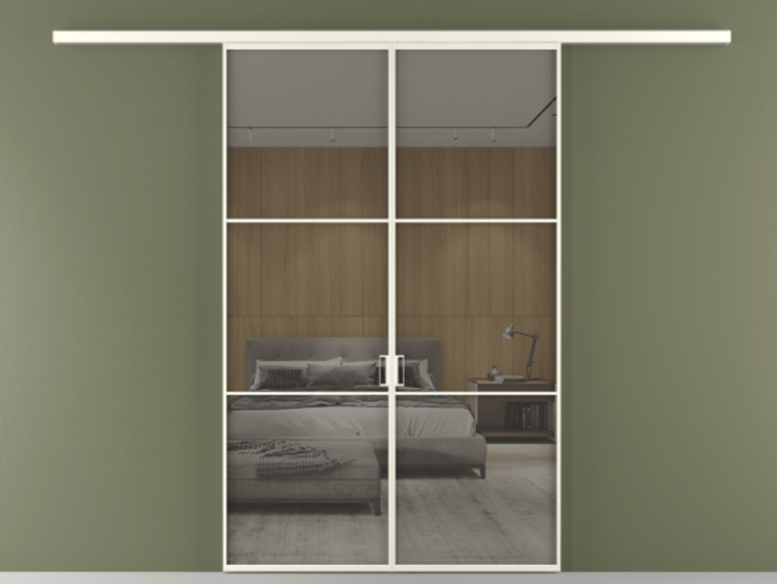 Перегородка Formato вдоль стены 2 створки АЛПР 040.03 Алюминий жемчужный Рефлективное серое стекло "Stopsol", калёное Цена 249000 ₽ | Volhovec